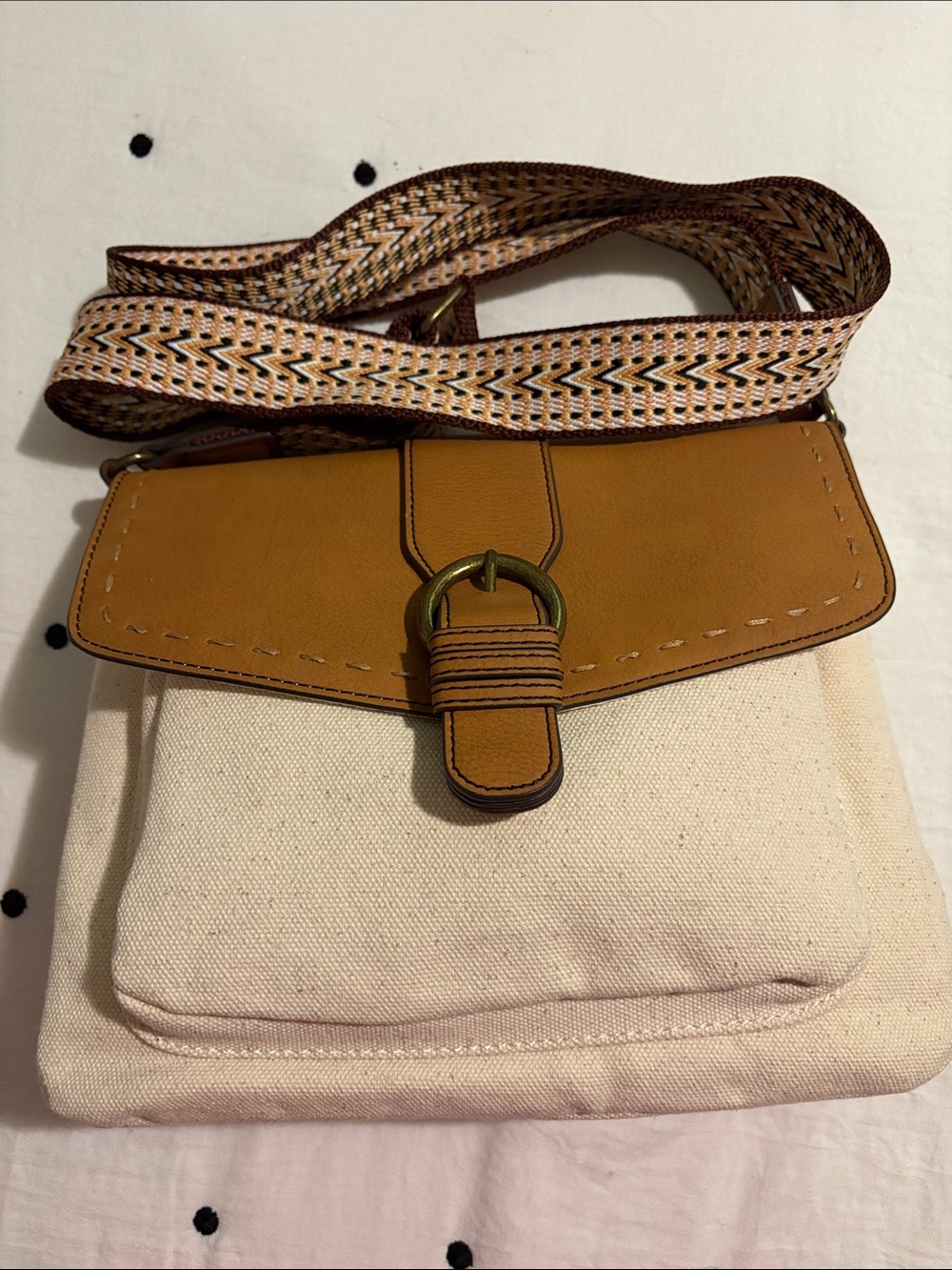 a.n.a Canvas Crossbody with Tan Leather Flap and Woven Strap